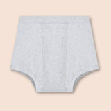 Graue Periodenunterwäsche Boxershorts, klassische Form, flache Ansicht.