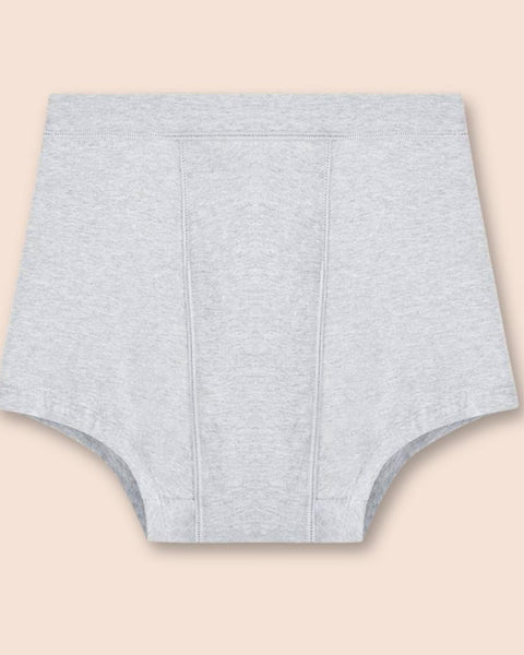 Graue Periodenunterwäsche Boxershorts, klassische Form, flache Ansicht.