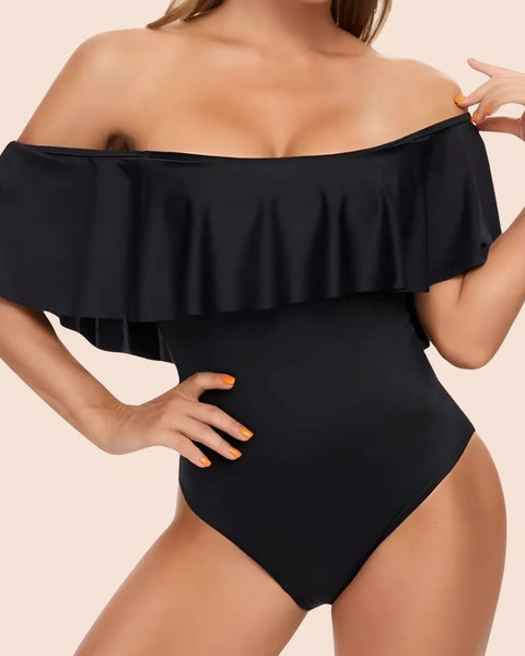 Perioden Bademode mit Off-Shoulder-Design und Volants in Schwarz – Stilvoller Menstruationsschutz