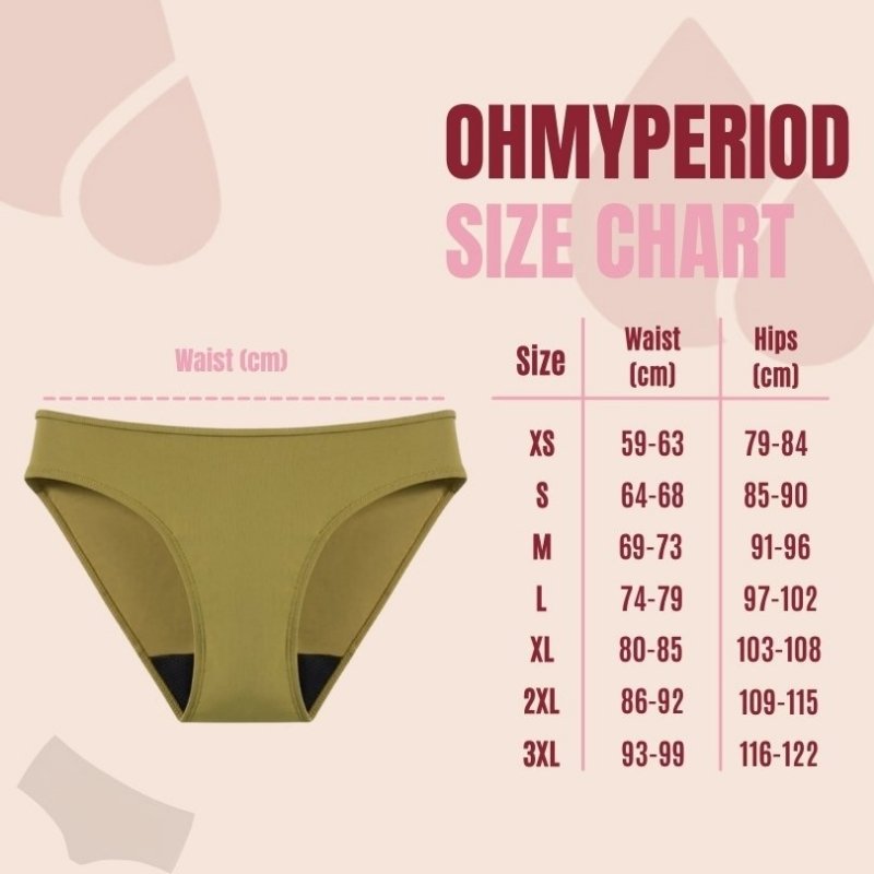 Perioden Bikini in Oliv – Größentabelle von XS bis 3XL für eine perfekte Passform