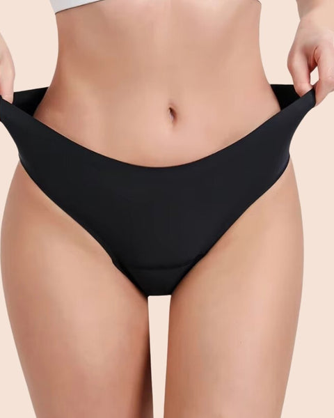 Perioden Bikini Schwarz – Bequeme und auslaufsichere Menstruationsunterwäsche mit hoher Saugfähigkeit, Vorderansicht.