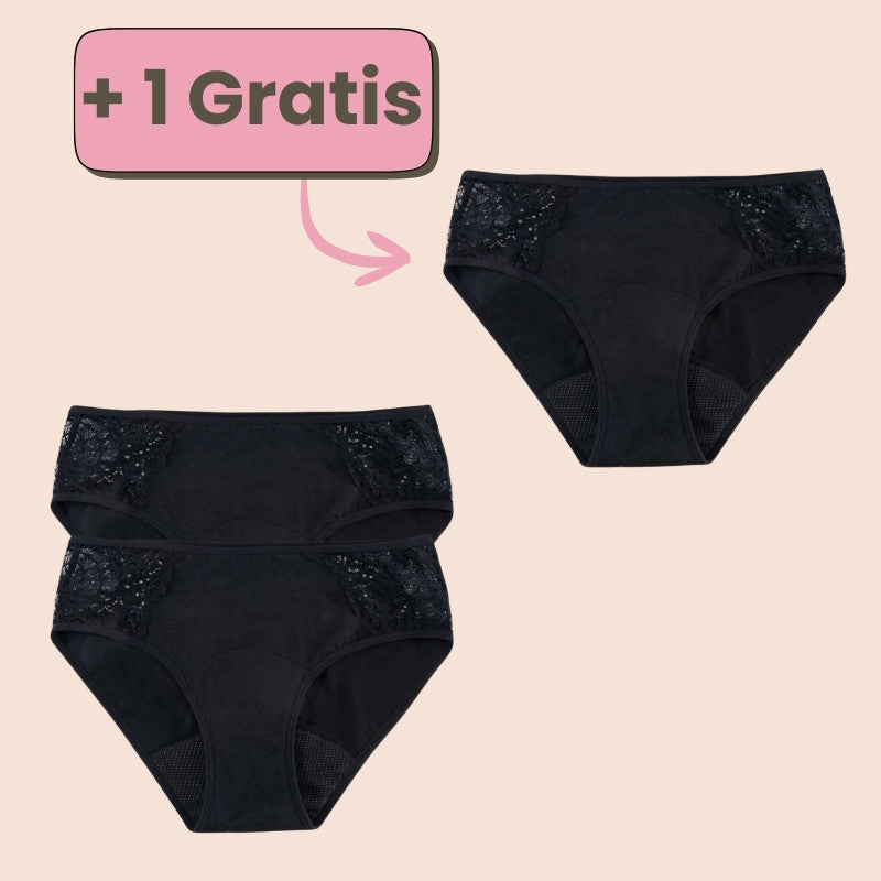 Exklusives 2+1 Gratis Angebot für Periodenunterwäsche mit Spitze – sichere und elegante Menstruationsslips für maximalen Schutz.