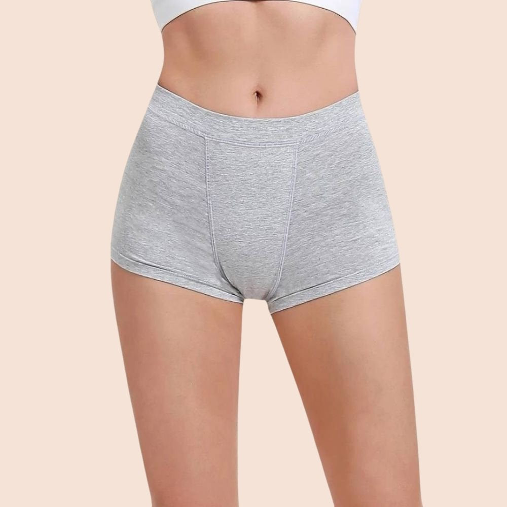 Graue Periodenunterwäsche in Boxershort-Stil – Hoher Tragekomfort und zuverlässiger Schutz bei der Menstruation.