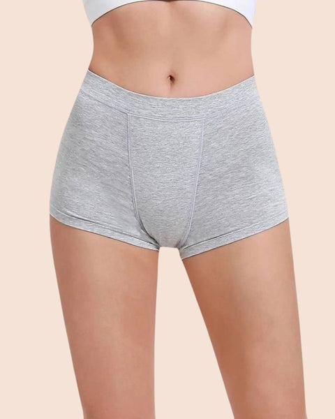 Graue Periodenunterwäsche in Boxershort-Stil – Hoher Tragekomfort und zuverlässiger Schutz bei der Menstruation.