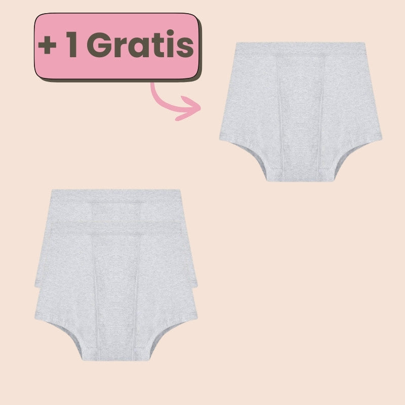 Angebot: Kaufe 2 graue Periodenunterwäsche im Boxershorts-Stil und erhalte 1 gratis – Maximaler Schutz und Komfort während deiner Periode.