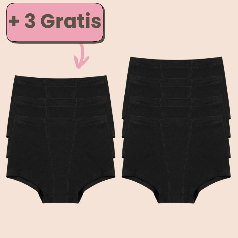 Angebot: Kaufe 4 schwarze Periodenunterwäsche im Boxershorts-Stil und erhalte 3 gratis – Maximaler Schutz und Komfort während deiner Periode.