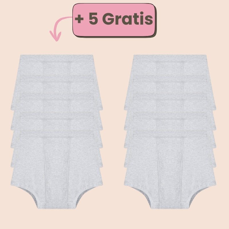 Angebot: Kaufe 5 graue Periodenunterwäsche im Boxershorts-Stil und erhalte 5 gratis – Maximaler Schutz und Komfort während deiner Periode.