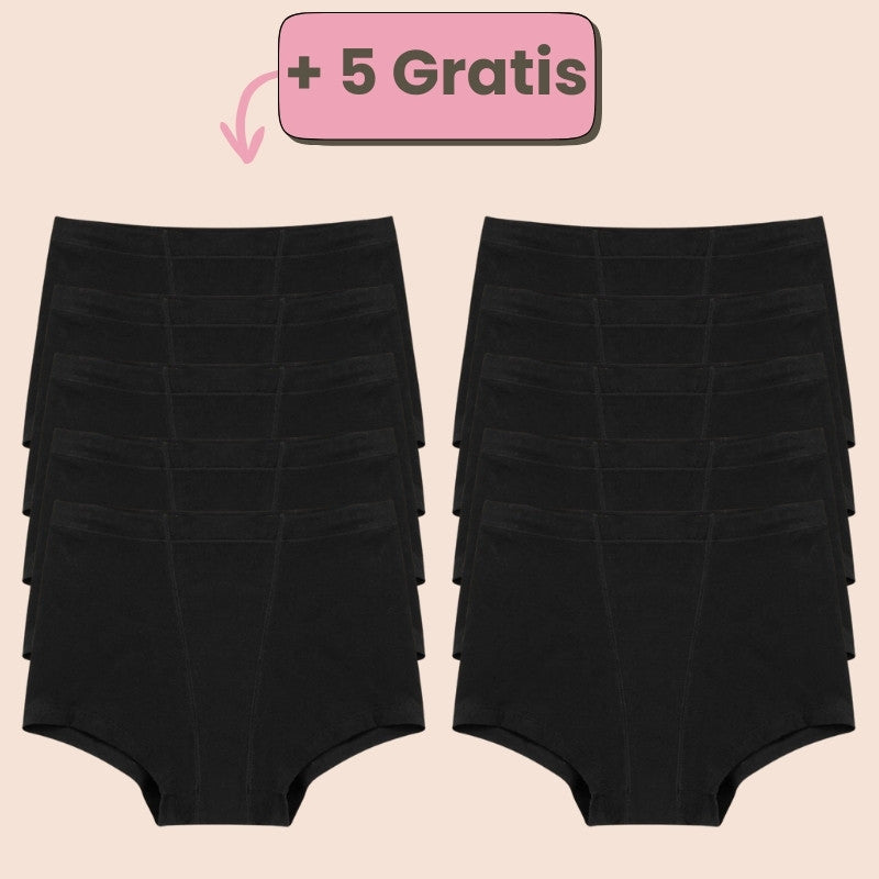 Angebot: Kaufe 5 schwarze Periodenunterwäsche im Boxershorts-Stil und erhalte 5 gratis – Maximaler Schutz und Komfort während deiner Periode.