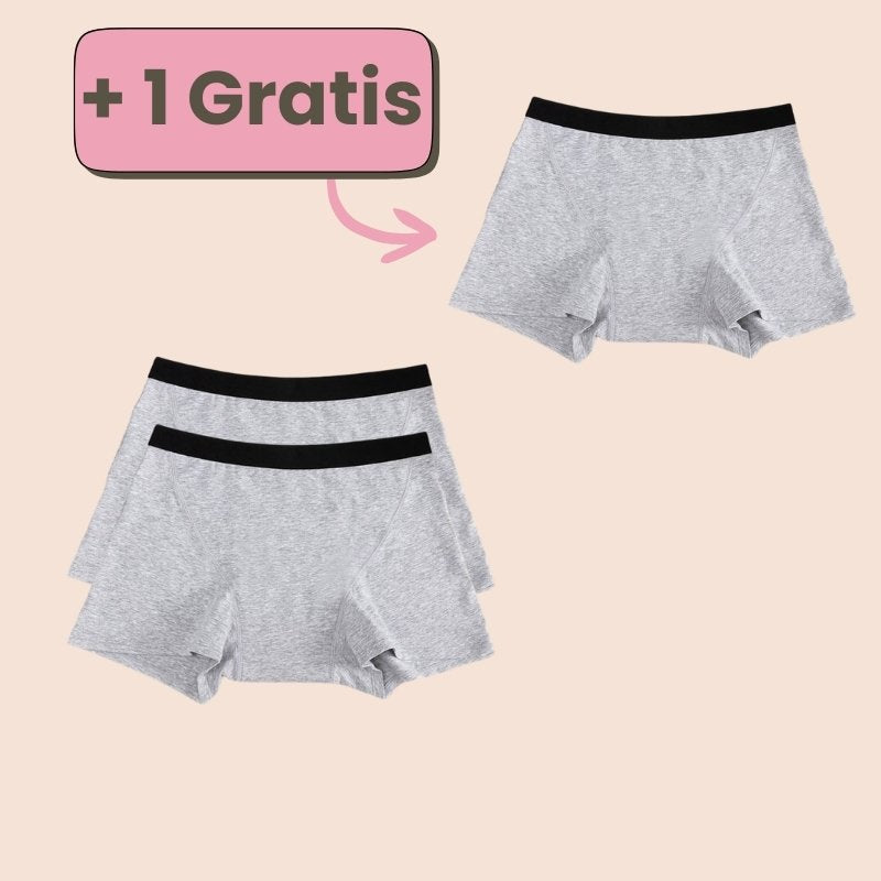 Periodenunterwäsche Boxershorts in Grau – Exklusive Aktion: 2+1 gratis für maximalen Komfort während der Periode.