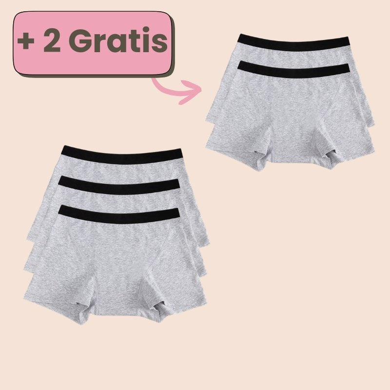 Periodenunterwäsche Boxershorts in Grau – Exklusive Aktion: 3+2 gratis für maximalen Komfort während der Periode.