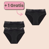 Angebot: Kaufe 2, erhalte 1 gratis! Periodenunterwäsche mit seitlicher Agraffe und Spitze in Schwarz – sicher, bequem und stilvoll.