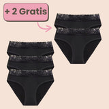 Angebot: Kaufe 3, erhalte 2 gratis! Periodenunterwäsche mit seitlicher Agraffe und Spitze in Schwarz – sicher, bequem und stilvoll.