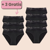 Angebot: Kaufe 4, erhalte 3 gratis! Periodenunterwäsche mit seitlicher Agraffe und Spitze in Schwarz – sicher, bequem und stilvoll.