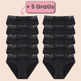 Angebot: Kaufe 5, erhalte 5 gratis! Periodenunterwäsche mit seitlicher Agraffe und Spitze in Schwarz – sicher, bequem und stilvoll.