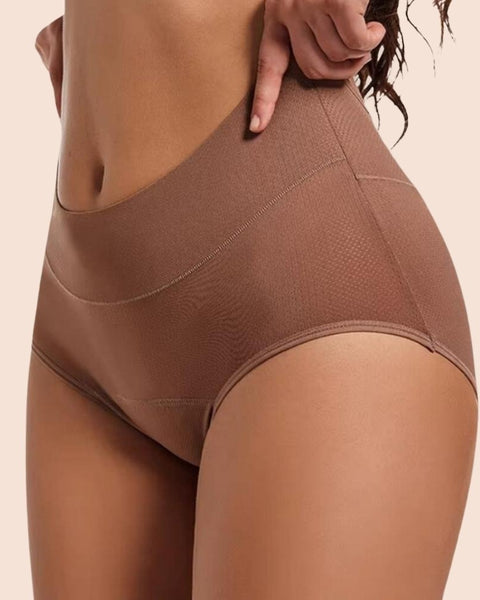 Nahaufnahme der Periodenunterwäsche mit hoher Taille in Taupe – Weiches und atmungsaktives Material