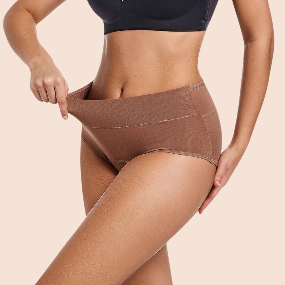 Elastische Periodenunterwäsche mit hoher Taille in Taupe – Flexible und auslaufsichere Menstruationsunterwäsche