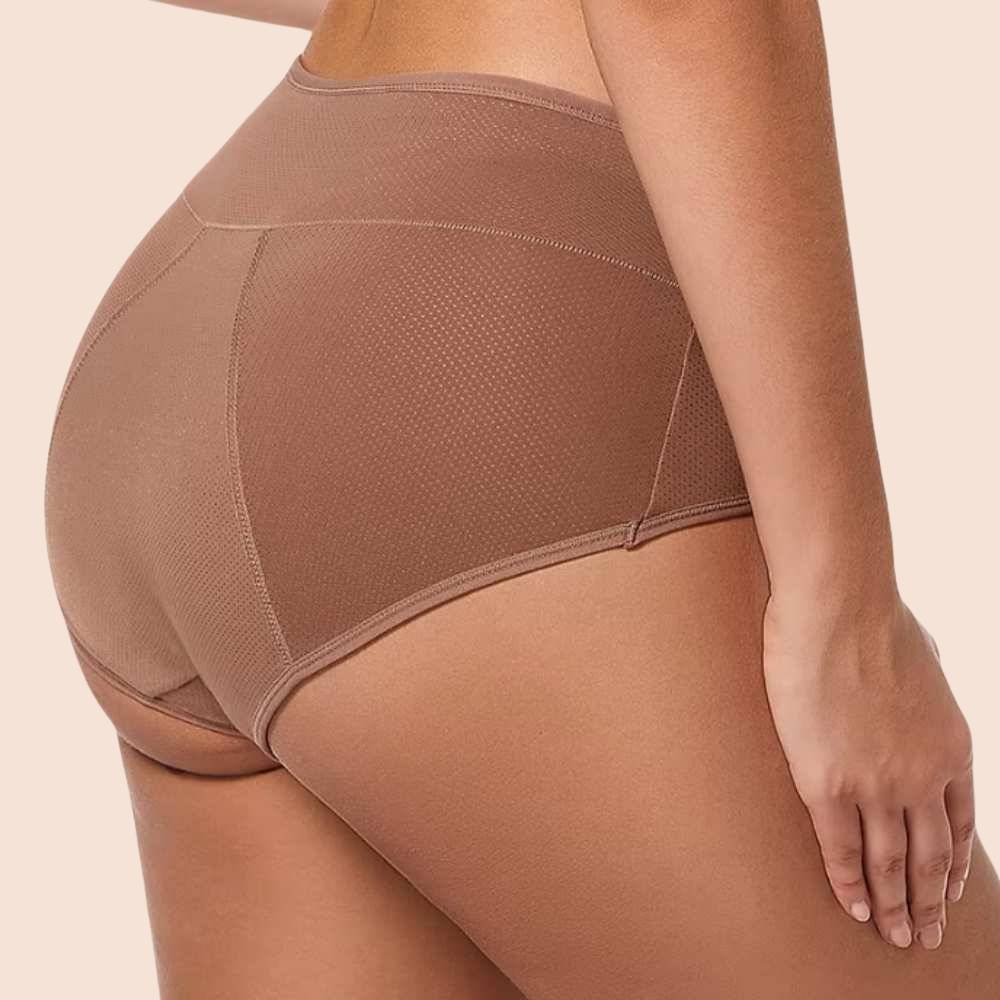 Rückansicht der Periodenunterwäsche mit hoher Taille in Taupe – Bequemer und auslaufsicherer Schutz