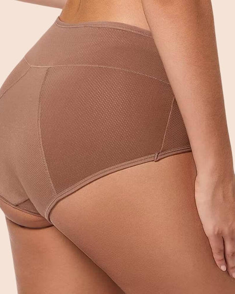 Rückansicht der Periodenunterwäsche mit hoher Taille in Taupe – Bequemer und auslaufsicherer Schutz