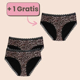 Periodenunterwäsche mit Leopardenmuster im 2+1 Gratis Set – stilvoller Schutz mit Spitze.