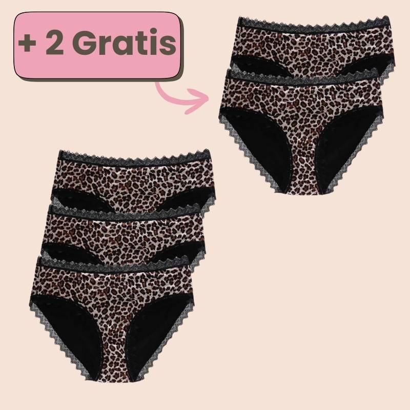 Periodenunterwäsche mit Leopardenmuster im 3+2 Gratis Set – stilvoller Schutz mit Spitze.