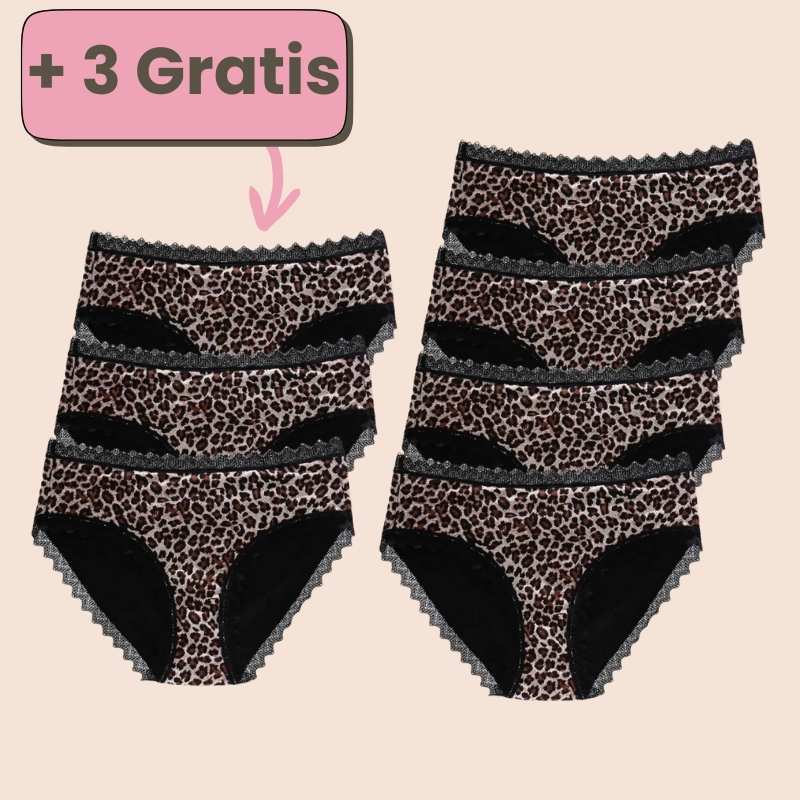 Periodenunterwäsche mit Leopardenmuster im 4+3 Gratis Set – stilvoller Schutz mit Spitze.