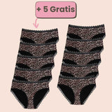 Periodenunterwäsche mit Leopardenmuster im 5+5 Gratis Set – stilvoller Schutz mit Spitze.