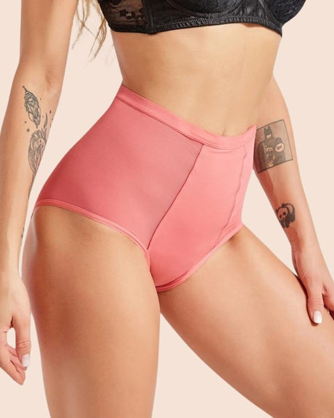 Periodenunterwäsche in Rosa mit hoher Taille, femininem Design und auslaufsicherer Technologie.

