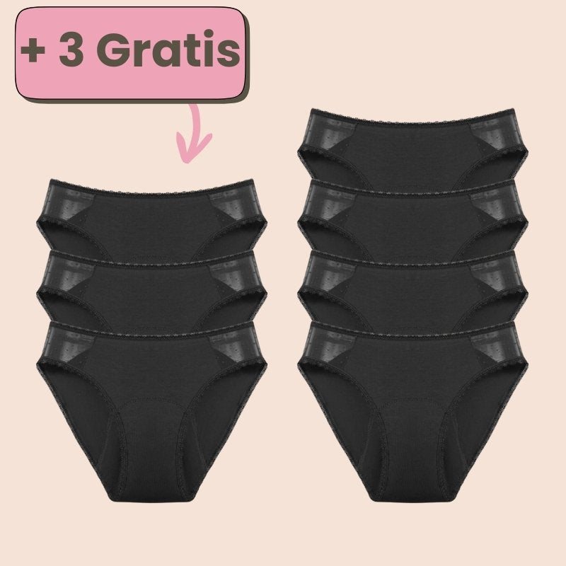 Periodenunterwäsche Schwarz – Spare mit dem 4+3 Gratis Angebot! Hoher Schutz und maximaler Komfort für deine Menstruation.