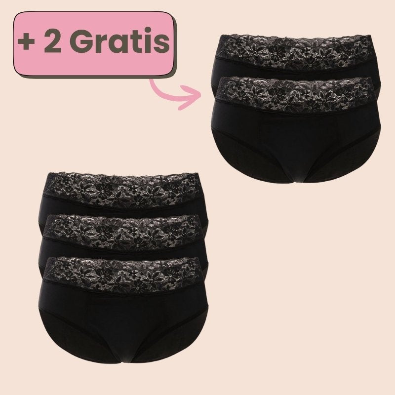 Angebot: 3+2 gratis auf schwarze Periodenunterwäsche mit Spitze – nachhaltiger Schutz für die Periode mit elegantem Design.