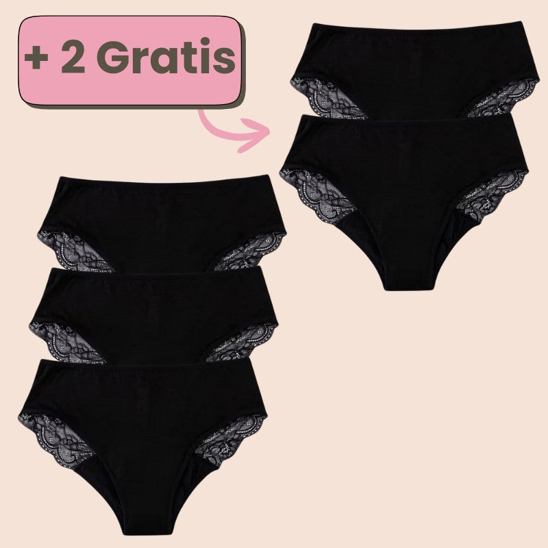 Periodenunterwäsche mit Spitze in Schwarz – 3+2 Gratis Aktion! Elegante und bequeme Menstruationsunterwäsche für optimalen Schutz