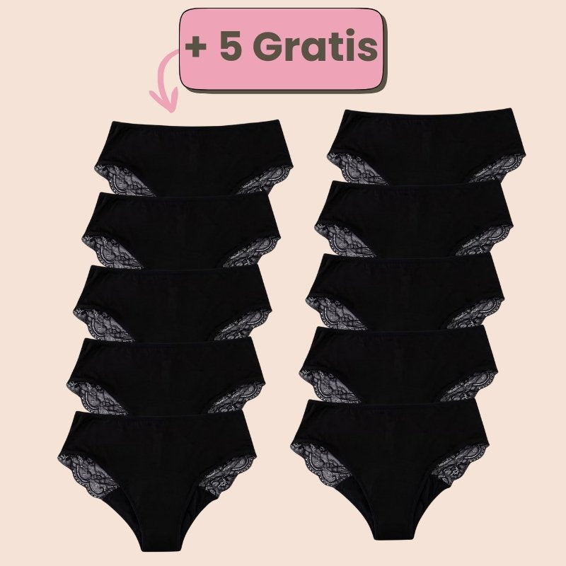 Periodenunterwäsche mit Spitze in Schwarz – 5+5 Gratis Aktion! Elegante und bequeme Menstruationsunterwäsche für optimalen Schutz.