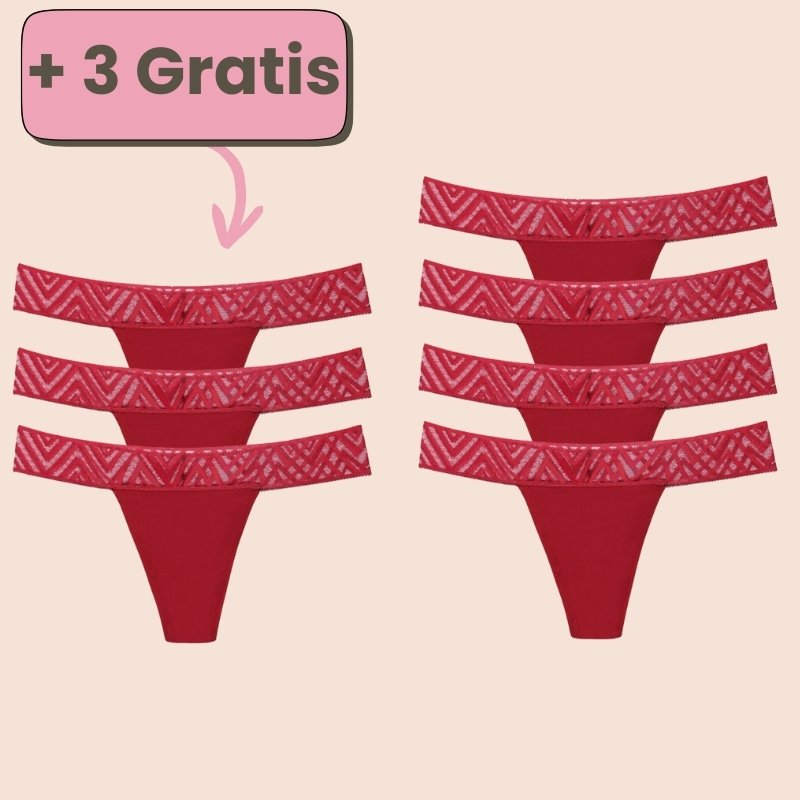 Periodenunterwäsche Tanga in Bordeaux mit Spitze – Set-Angebot 4+3 gratis für stilvollen Schutz während der Periode.