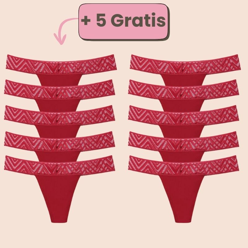 Periodenunterwäsche Tanga in Bordeaux mit Spitze – Set-Angebot 5+5 gratis für stilvollen Schutz während der Periode.