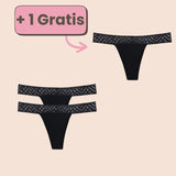 Periodenunterwäsche Tanga in Schwarz mit Spitze – Set-Angebot 2+1 gratis für stilvollen Schutz während der Periode.