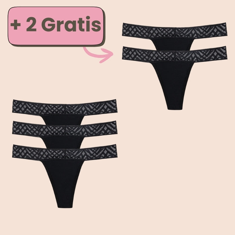 Periodenunterwäsche Tanga in Schwarz mit Spitze – Set-Angebot 3+2 gratis für stilvollen Schutz während der Periode.