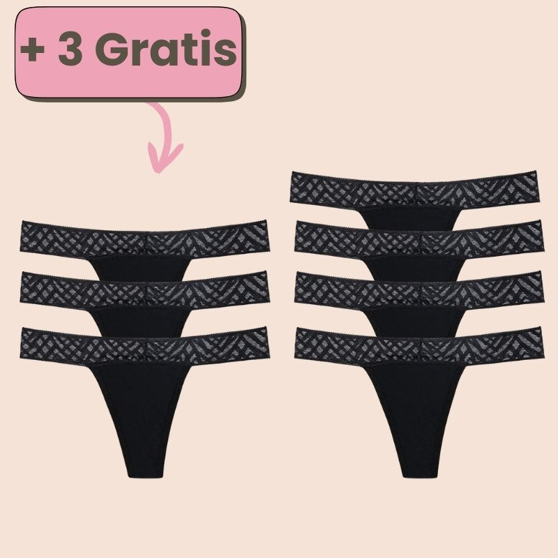 Periodenunterwäsche Tanga in Schwarz mit Spitze – Set-Angebot 4+3 gratis für stilvollen Schutz während der Periode.