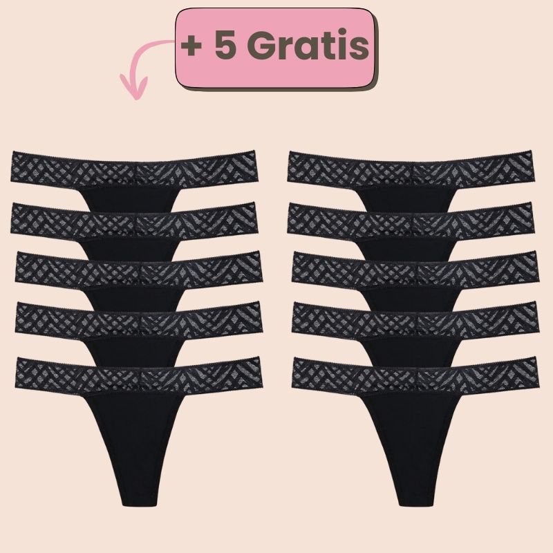 Periodenunterwäsche Tanga in Schwarz mit Spitze – Set-Angebot 5+5 gratis für stilvollen Schutz während der Periode.