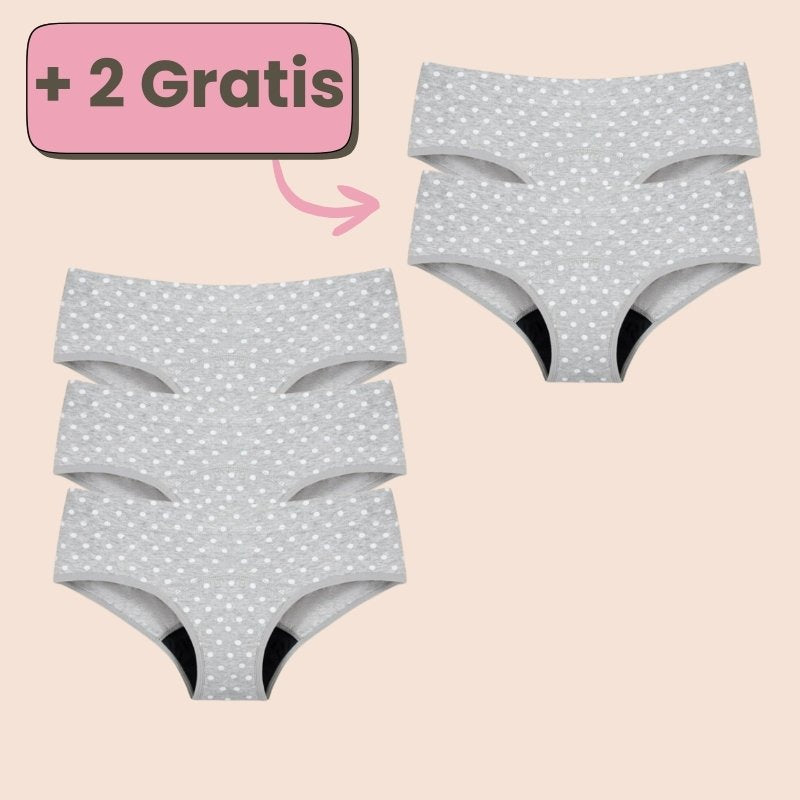 Teen Periodenunterwäsche in Grau mit weißen Punkten – 3+2 Gratis für sicheren Schutz.