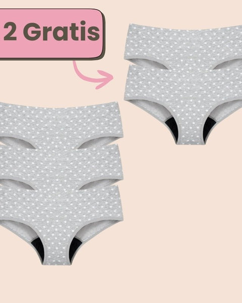 Teen Periodenunterwäsche in Grau mit weißen Punkten – 3+2 Gratis für sicheren Schutz.