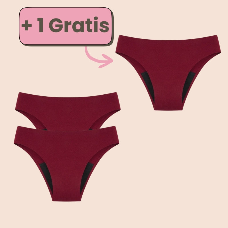 Sparangebot: 2+1 gratis Periodenunterwäsche String in Bordeauxrot – Nachhaltige, bequeme und auslaufsichere Menstruationsunterwäsche.