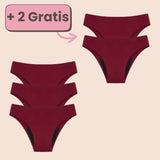 Sparangebot: 3+2 gratis Periodenunterwäsche String in Bordeauxrot – Nachhaltige, bequeme und auslaufsichere Menstruationsunterwäsche.