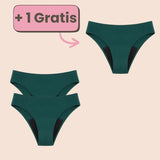 Sparangebot: 2+1 gratis Periodenunterwäsche String in Dunkelgrün – Nachhaltige, bequeme und auslaufsichere Menstruationsunterwäsche.