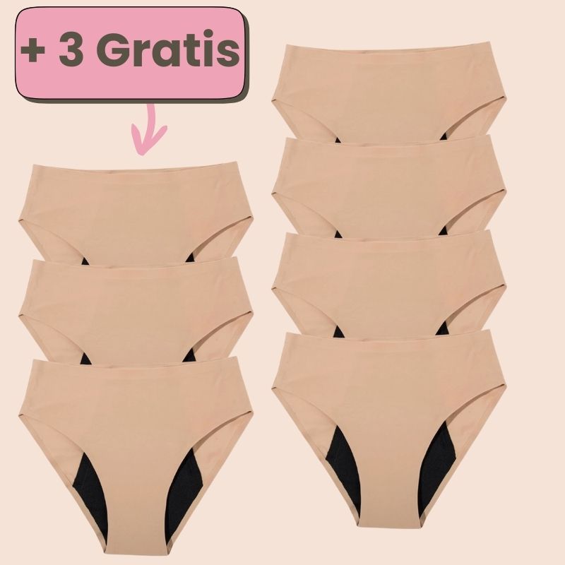 Sparangebot: 4+3 gratis ultraleichte Periodenunterwäsche in Beige – nachhaltiger, sicherer Schutz für deine Periode.