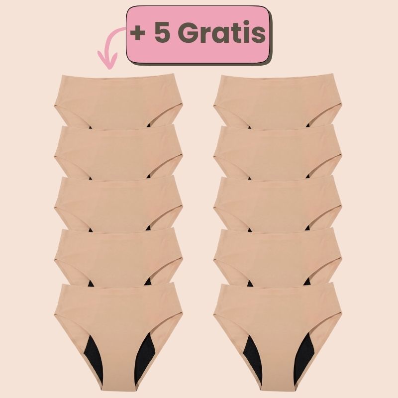 Sparangebot: 5+5 gratis ultraleichte Periodenunterwäsche in Beige – nachhaltiger, sicherer Schutz für deine Periode.