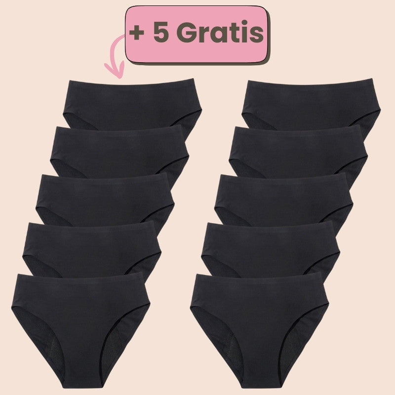 Sparangebot: 5+5 gratis ultraleichte Periodenunterwäsche in Schwarz – nachhaltiger, sicherer Schutz für deine Periode.