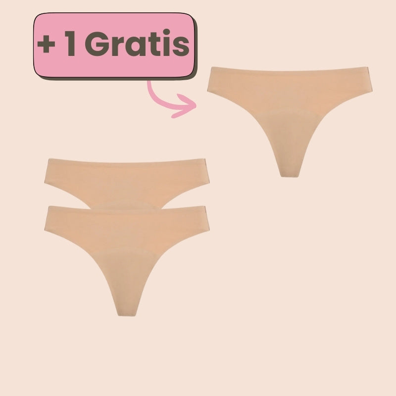 Periodenunterwäsche Tanga in Beige – Kaufe 2, erhalte 1 gratis. Ideal für unsichtbaren Schutz und höchsten Tragekomfort.