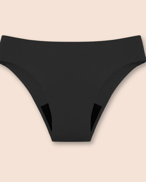 Schwarzer Perioden bikini in Produktansicht, geeignet für moderaten Fluss.