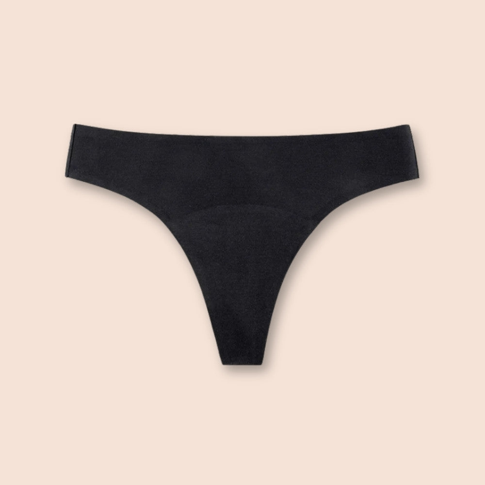 Produktansicht einer Periodenunterwäsche Tanga in Schwarz mit klaren Linien.