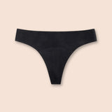 Produktansicht einer Periodenunterwäsche Tanga in Schwarz mit klaren Linien.
